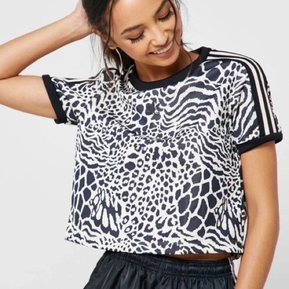 Adidas Animal Print Power Cropped Tee - Black and Off-White Size Large - Picture 1 of 10